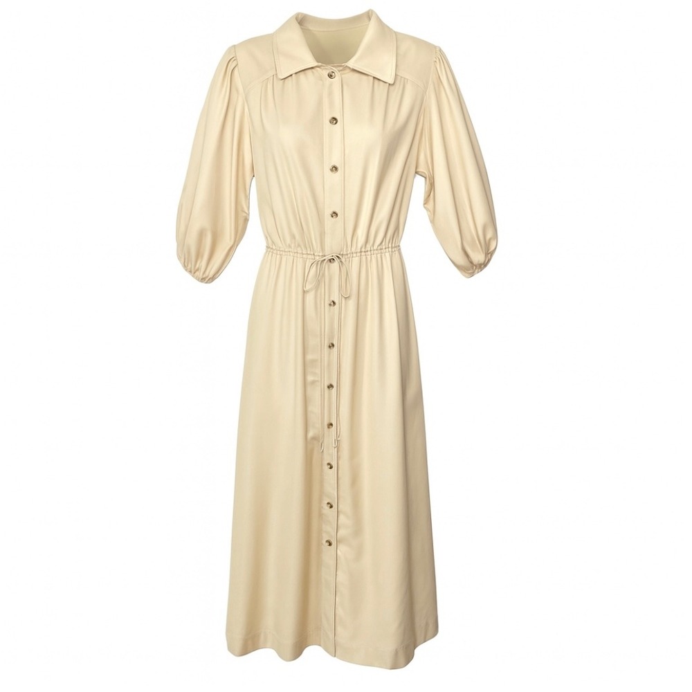 60s Melissa Lane Vintage Shirt Dress Size L Beige Drawstring Waist Puff Sleeve